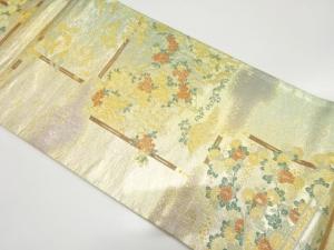 橋に荒波・草花模様織り出し　袋帯